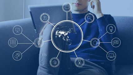 Poster - Globe of network of connections against man using digital tablet