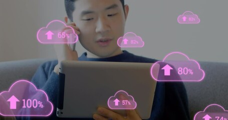 Poster - Multiple cloud icon with increasing percentage against man holding digital tablet talking on smartph