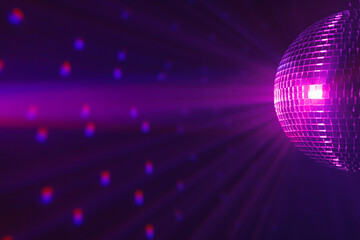Wall Mural - disco ball background with purple shiny rays