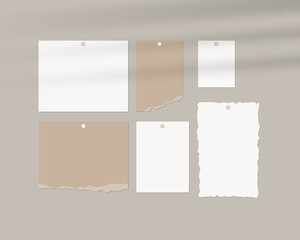 Mood board mockup template. Empty sheets of white paper on the wall with shadow overlay. Mockup vector isolated. Template design. Realistic vector illustration.