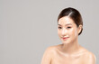 © 220 Selfmade studio - Beautiful Asian young woman looking at camera smile with clean and fresh skin Happiness and cheerful with positive emotional,isolated on white background,Beauty and Cosmetics Concept