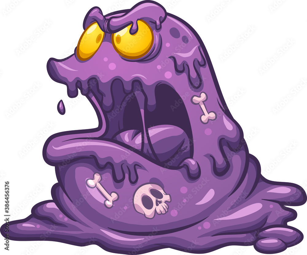 slime, monster, purple, angry, bones, skull, cartoon, vector