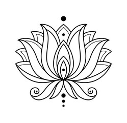 Lotus icon. Monochrome blooming flower. Hand drawn lotos flower illustration isolated on white background. Black linear petals of plant in coloring style