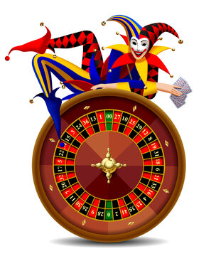 joker with playing cards lying on a casino roulette wheel isolated on white