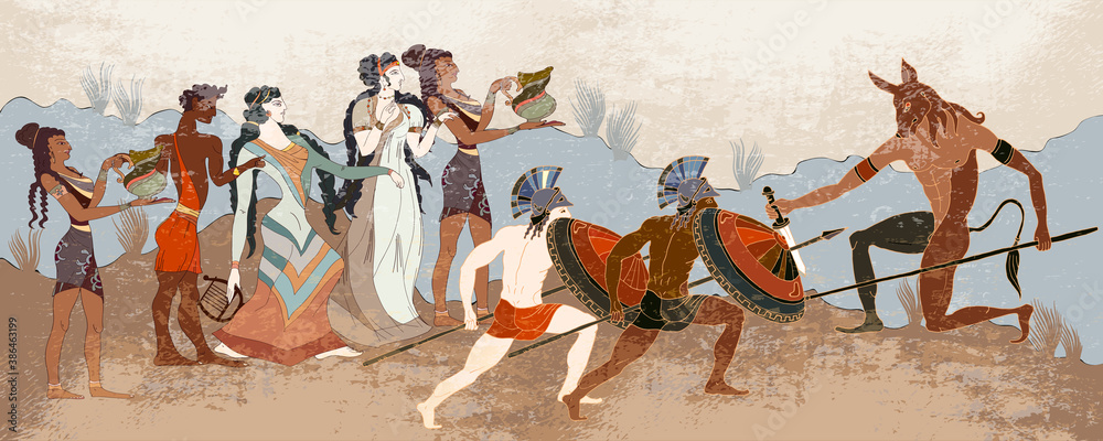 Ancient Greece banner. Classical medieval style. Vector illustration. Hunting for a Minotaur - obrazy, fototapety, plakaty 
