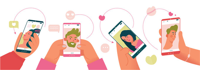 Hands holding smartphones with man and woman profiles in dating website app. Young people loking for a couple on meeting website. Colorful cartoon vector illustration for designers temlates.Flat desig