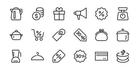 Cyber Monday Icon Set contains discount packages, promotions, shopping cart, big discounts, shopping cart and more. Editable stroke, vector icons