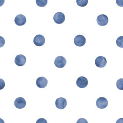 Polka dot blue navy indigo watercolor seamless pattern. Abstract watercolour color circles on white background