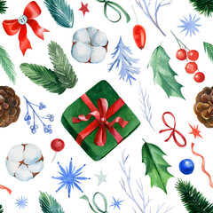 Wall Mural - Seamless pattern, Christmas background, gifts, holly, cotton, pine cone, bows. Watercolor drawings