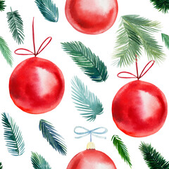 Wall Mural - Seamless pattern. Christmas background, red balls, spruce branches, bows, watercolor illustration. 