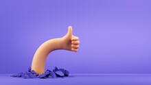 3d Render, Funny Cartoon Character Elastic Hand Shows Thumb Up, Like Gesture. Broken Floor With Debris. Clip Art Isolated On Violet Background
