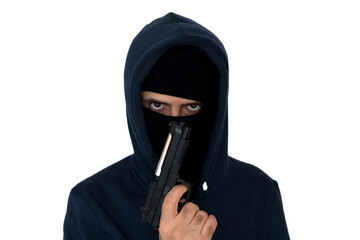 Portrait of a dangerous thief with balaclava and gun isolated on white background.