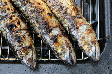 Grilled mackerel fish. Fatty, oily fish is an excellent and healthy source of DHA and EPA, which are two key types of omega-3 acid. Barbecue with fish. 