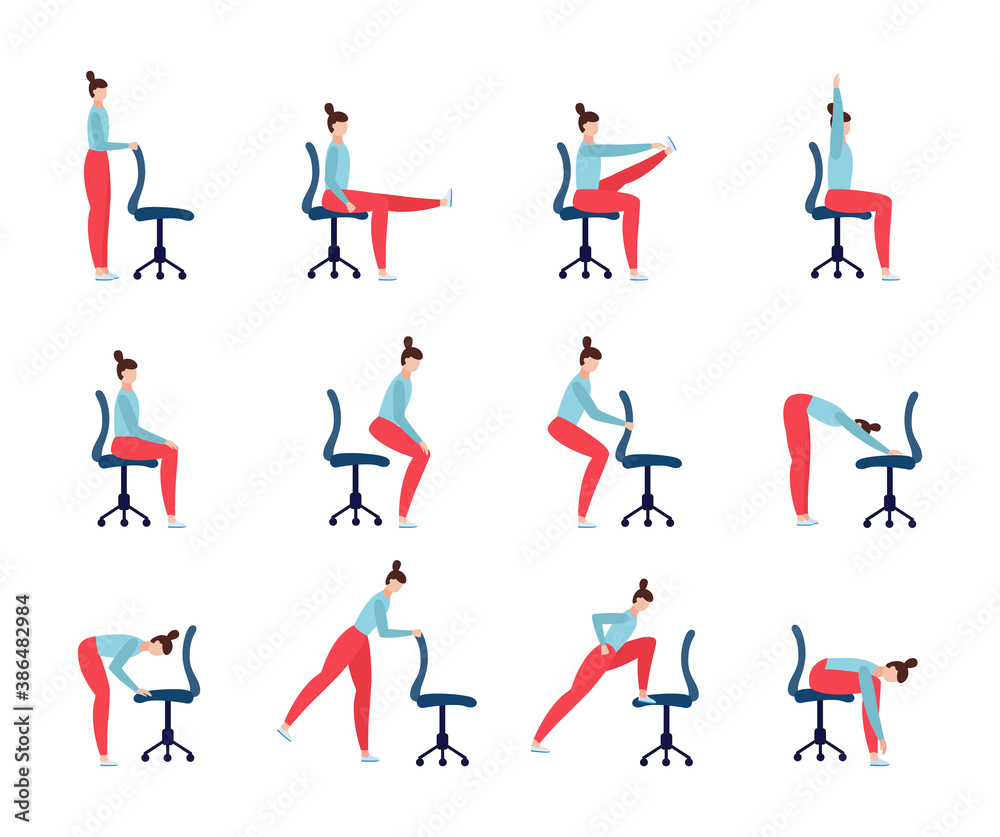 Set of yoga exercises with office chair a vector flat illustrations - obrazy, fototapety, plakaty 