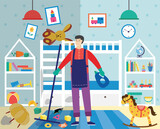 Fototapeta Boho - Man cleaning very dirty and messy children room, flat vector illustration.