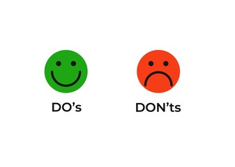 Poster - do and dont smiley icon. joyful green correct and good event and red negative impact.