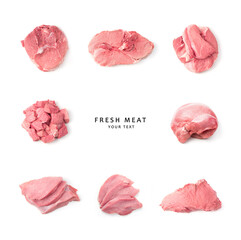 Different types of meat on a white background with space to copy. Trading platform. The concept of natural products.