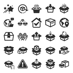 Poster - Box icons. Package, delivery boxes, cargo box. Cargo distribution, export boxes, return parcel icons. Shipment of goods, purchase container, open package. Logistics goods. Flat icon set. Vector