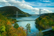 Fort Montgomery, NY / USA -Oct. 18, 2020: A Wide Angle View Of The Iconic Bear Mountain Bridge Spanning The Hudson River.