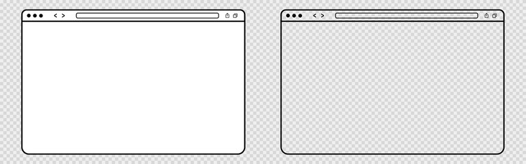 Fototapete - Outline transparent web browser. Isolated blank website page. Computer browser mockup frame on transparent background. Webpage interface with white background. Simple design. Vector EPS 10.