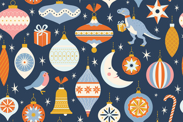 Wall Mural - Merry Christmas and New Year card with various of Christmas toys and present in in retro mid century modern style. Winter holidays seamless pattern in vector.