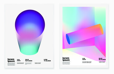 Poster - Set of minimal posters with abstract composition of glowing neon planets. Synthwave and vaporwave style covers for music or dance event.