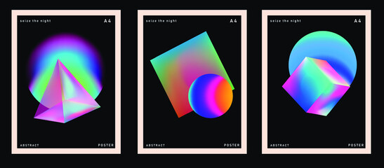 Poster - Set of retrofuturistic posters with glowing neon shapes: prism, pyramid, cube. Synthwave and retrowave style backgounds.