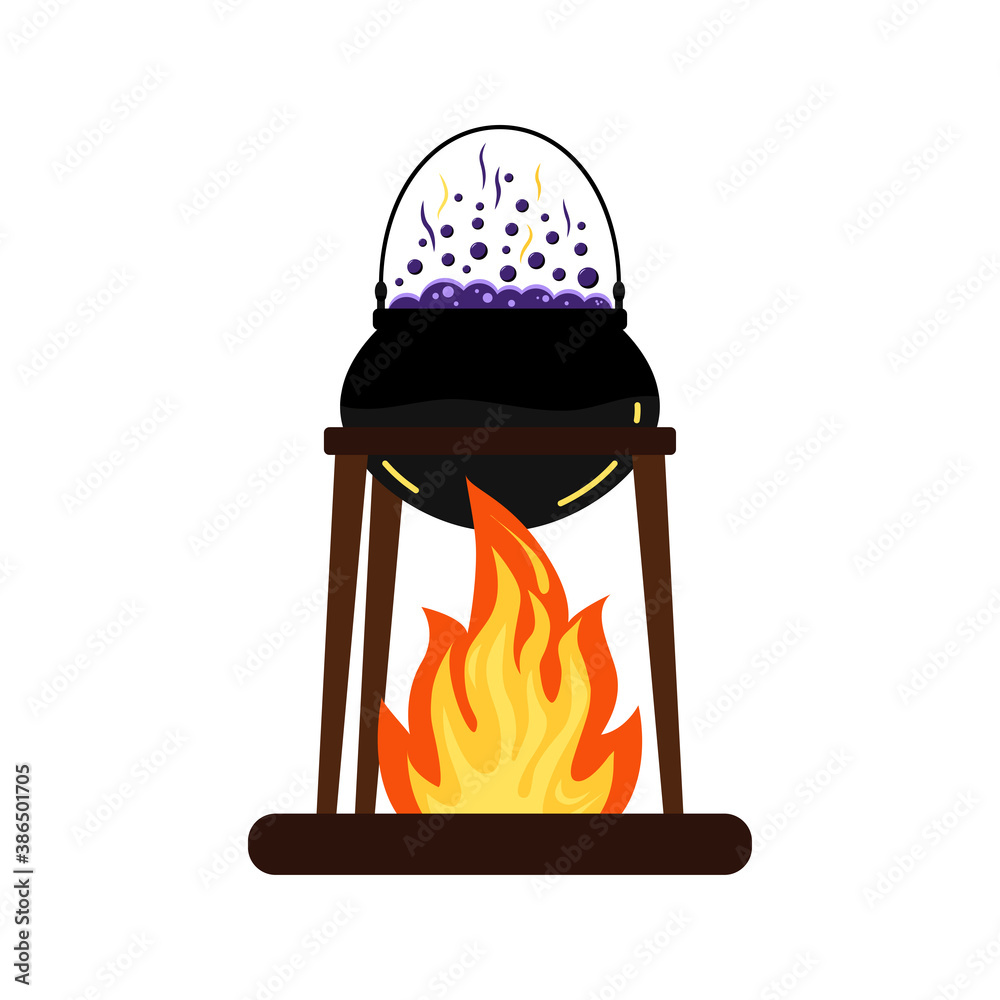 Halloween witches black cauldron with poison potion and fire isolated ...