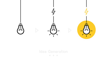 Poster - Idea generation concept with three step. Light bulb with cable and lightning bolt. Logo design. Vector illustration