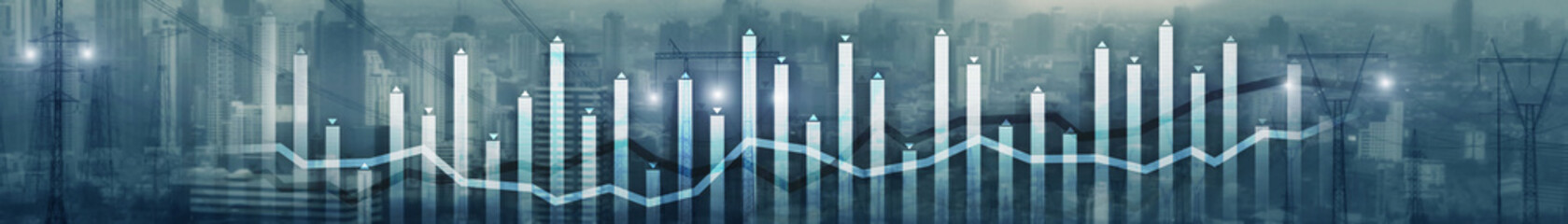 Wall Mural - Finance Chart Overlaid on modern City. Panoramic Banner Concept.