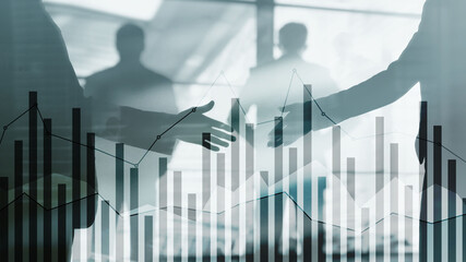 Wall Mural - Business people silhouettes with forex chart on blurry city background. Teamwork, finance and success concept. Mixed Media.