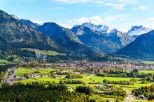 Panorama View On Obersdorf In Allgau, Bavaria, Bayern,  Germany. Alps Mountains In Tyrol, Austria.