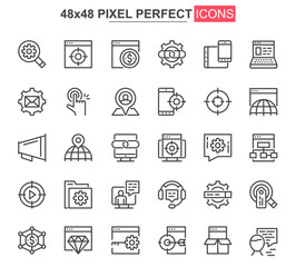 Aufkleber - SEO optimization thin line icon set. Web analytics outline pictograms for website and mobile app GUI. Search engine optimization simple UI, UX vector icons. 48x48 pixel perfect pictogram pack.