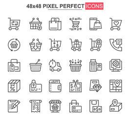 Poster - Online shopping thin line icon set. Internet marketplace outline pictograms for website and mobile app. Online order and delivery simple UI, UX vector icons. 48x48 pixel perfect pictogram pack.