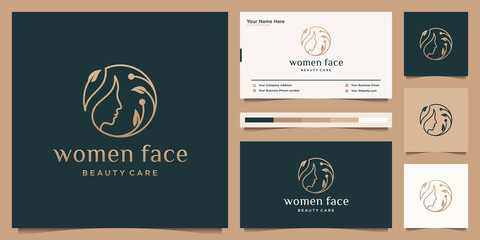 Wall Mural - Luxury woman face with line art style logo design and business card