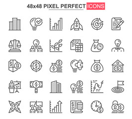 Leinwandbilder - Business thin line icons set. Business development and investment strategy unique design icons. Financial audit and accounting outline vector bundle. 48x48 pixel perfect linear pictogram pack.