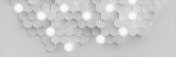 Poster - Abstract White background geometric hexagonal abstract background. Surface polygon pattern with glowing hexagons, hexagonal honeycomb. Abstract white self-luminous hexagons, 3D Illustration