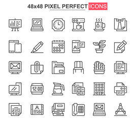 Poster - Workspace thin line icons set. Corporate workplace, coworking space unique design icons. Business workflow, corporate management outline vector bundle. 48x48 pixel perfect linear pictogram pack.