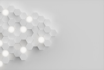 Poster - Abstract White background geometric hexagonal abstract background. Surface polygon pattern with glowing hexagons, hexagonal honeycomb. Abstract white self-luminous hexagons, 3D Illustration