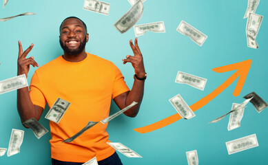 Wall Mural - Boy wins money. Amazed and surprised expression face. Light blue background.