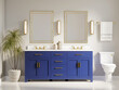 3d modern contemporary chic bathroom with two rectangle brass mirrors and a blue cabin
