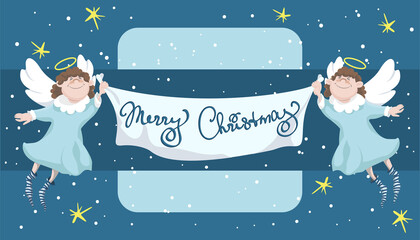 two cute angels hold christmas banner vector isolated illustration