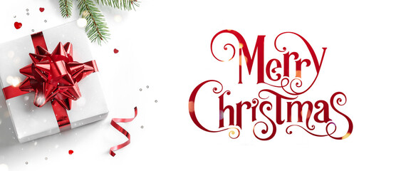 Wall Mural - merry christmas text on white background with gift boxes, ribbons, red decoration, fir branches, bok