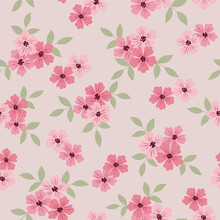 Seamless Vintage Floral Pattern With Cluster Of Pink Flowers And Green Leaves On Beige Background Vector.