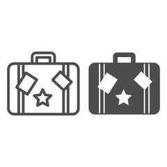 Poster - travel bag line and solid icon, sea cruise concept, vintage suitcase with stickers sign on white bac