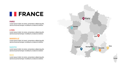 Wall Mural - France vector map infographic template. Slide presentation. Paris, Lyon, Marseille, Nantes, Nice. Europe country. World transportation geography data. 