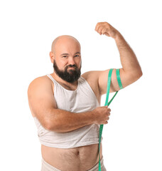 Sticker - Overweight man with measuring tape on white background. Weight loss concept