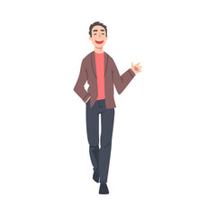 Sticker - Smiling Man Walking and Waving his Hand Cartoon Style Vector Illustration