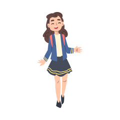 Sticker - Schoolgirl in Uniform Walking to School, Back to School, Education Concept Cartoon Style Vector Illustration