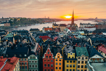 Stortorget place in Gamla stan, Stockholm in a beautiful sunset over the city. 